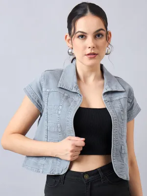 Style Quotient Women Grey Open Front Denim Shrug