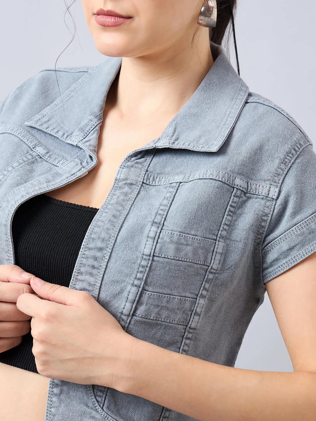 Style Quotient Women Grey Open Front Denim Shrug