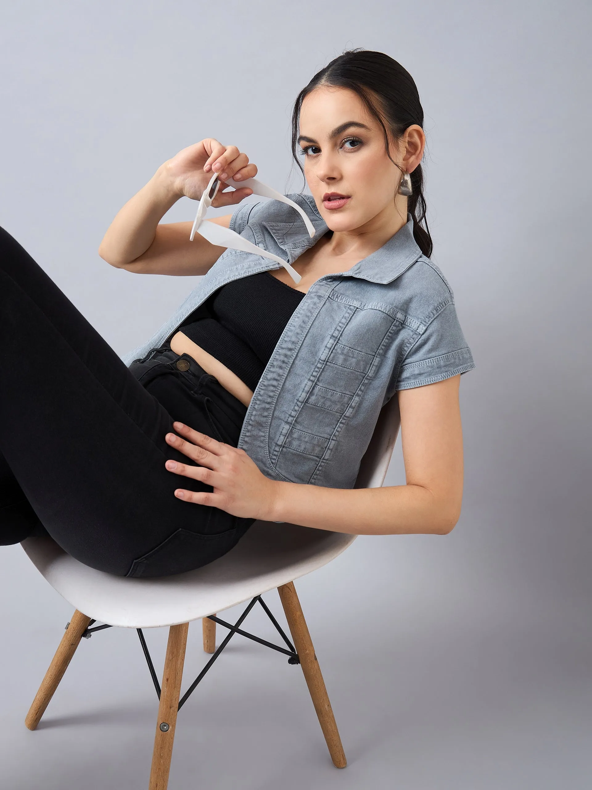 Style Quotient Women Grey Open Front Denim Shrug