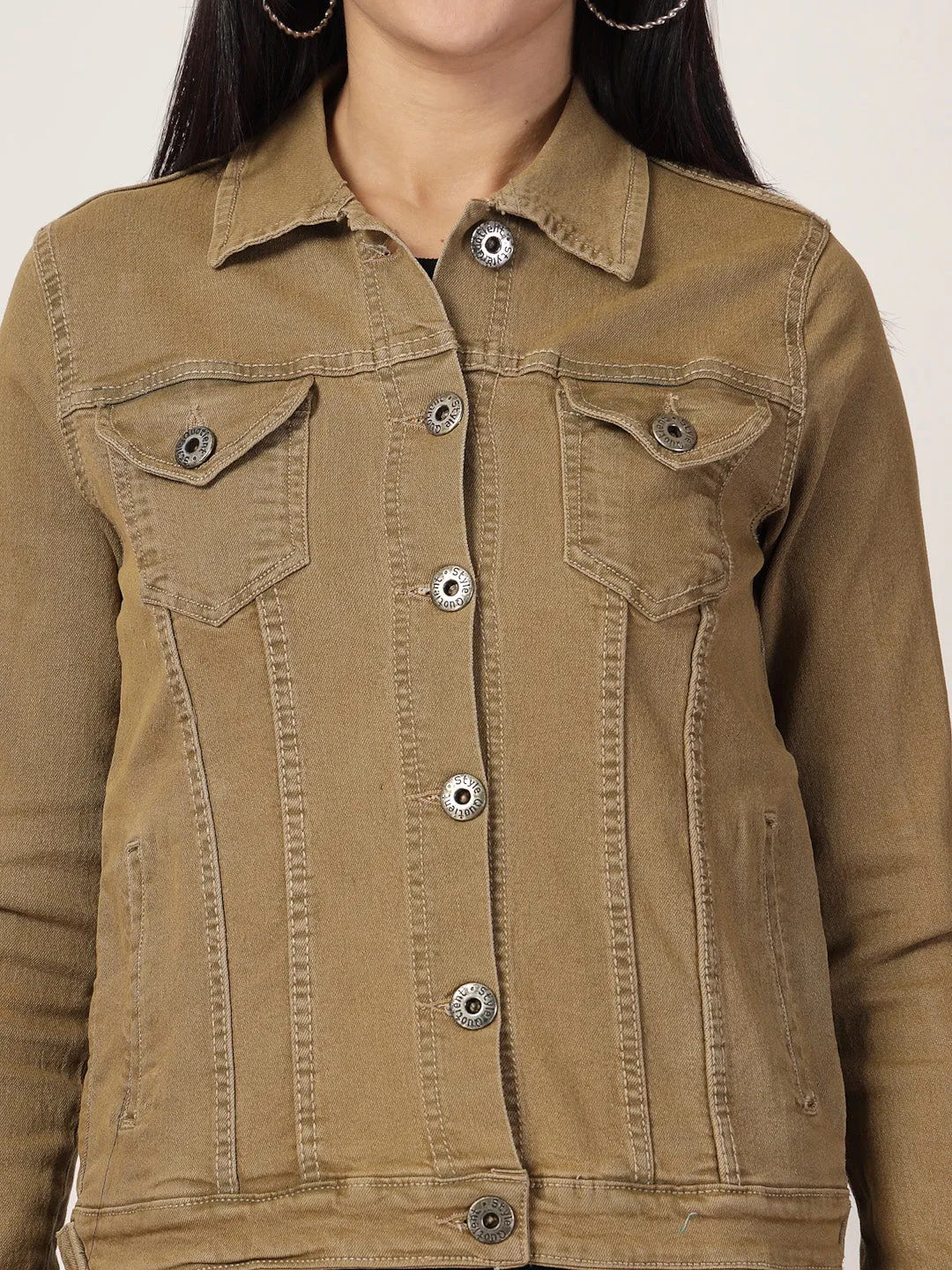 Style Quotient Women Khaki Solid Denim Jacket