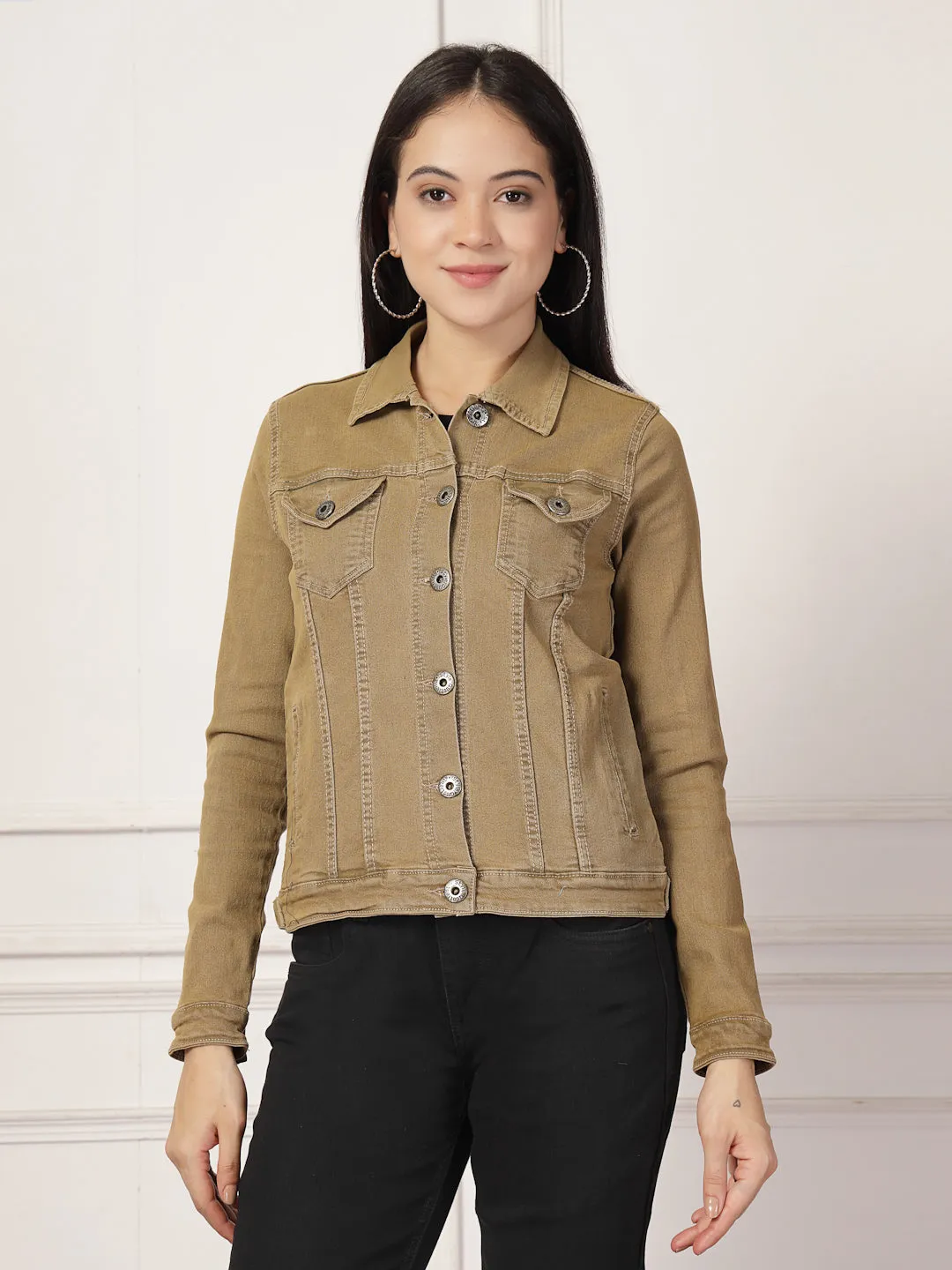 Style Quotient Women Khaki Solid Denim Jacket