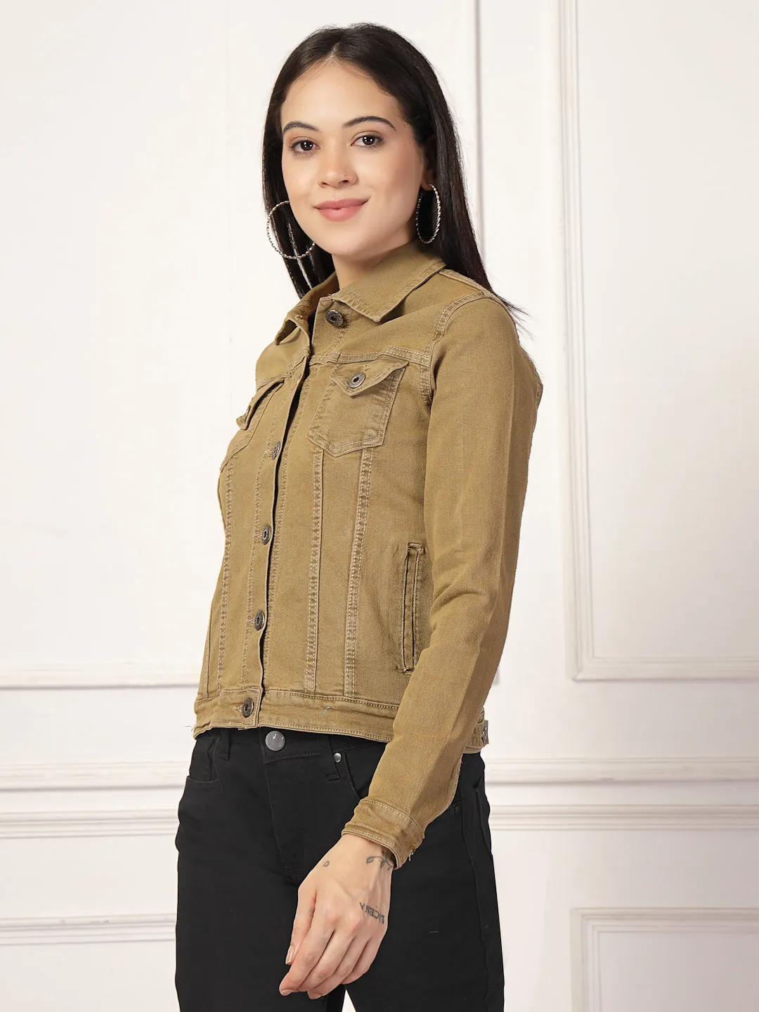 Style Quotient Women Khaki Solid Denim Jacket