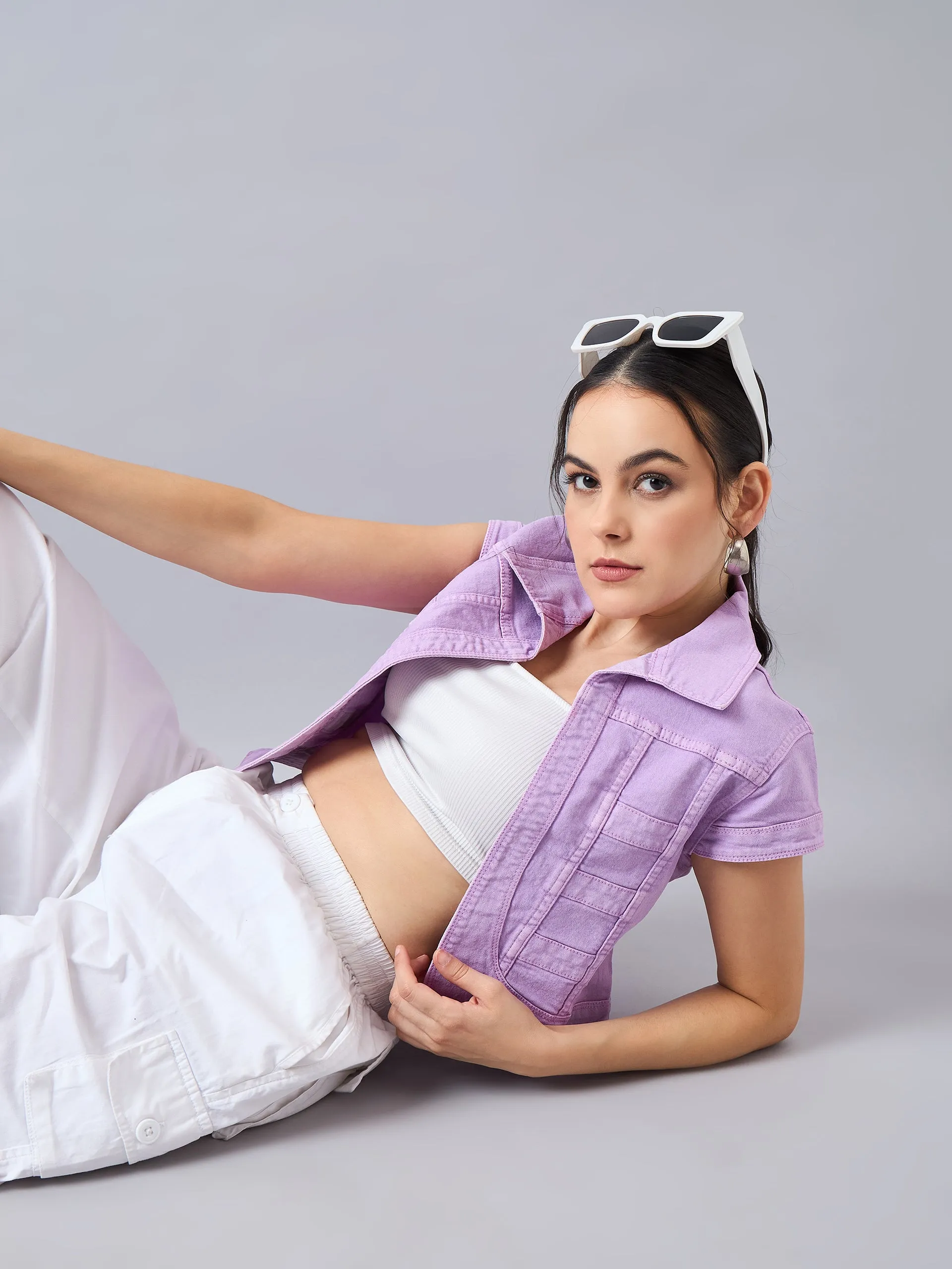 Style Quotient Women Lilac Open Front Denim Shrug