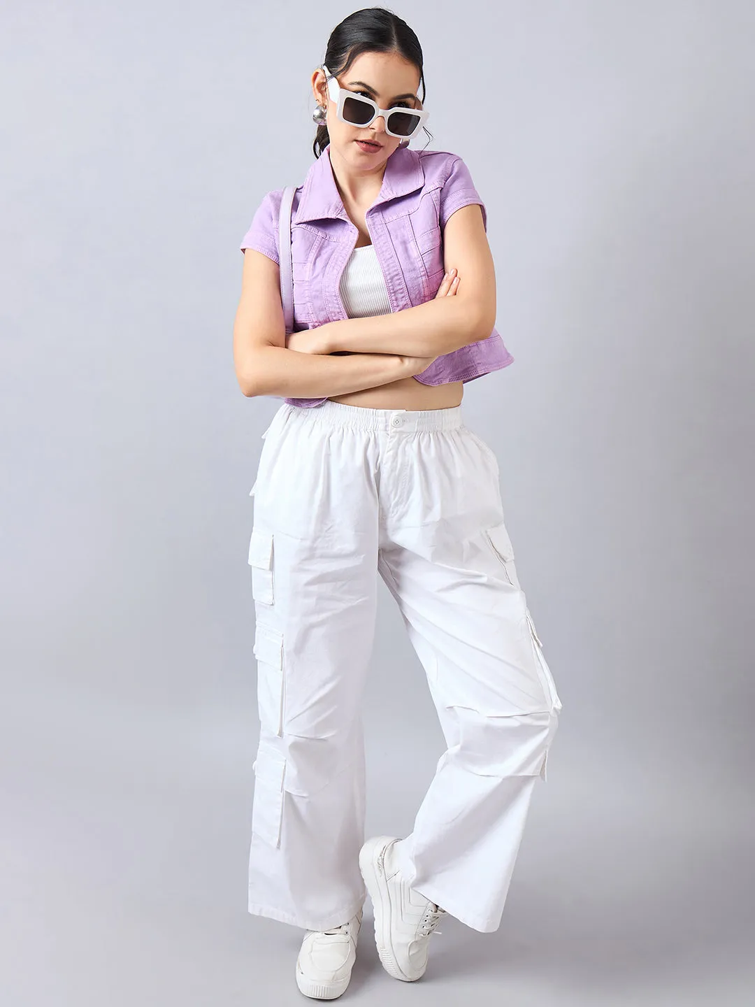 Style Quotient Women Lilac Open Front Denim Shrug