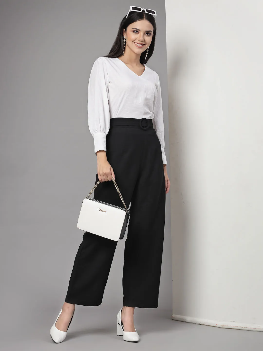 Style Quotient Women White Self Design Polyester Regular Smart Casual Top
