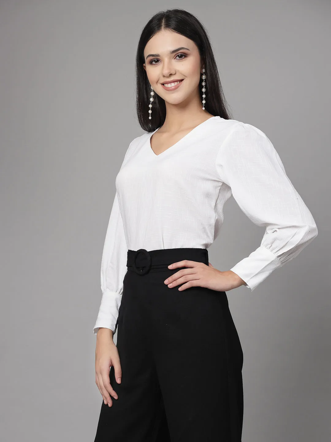 Style Quotient Women White Self Design Polyester Regular Smart Casual Top