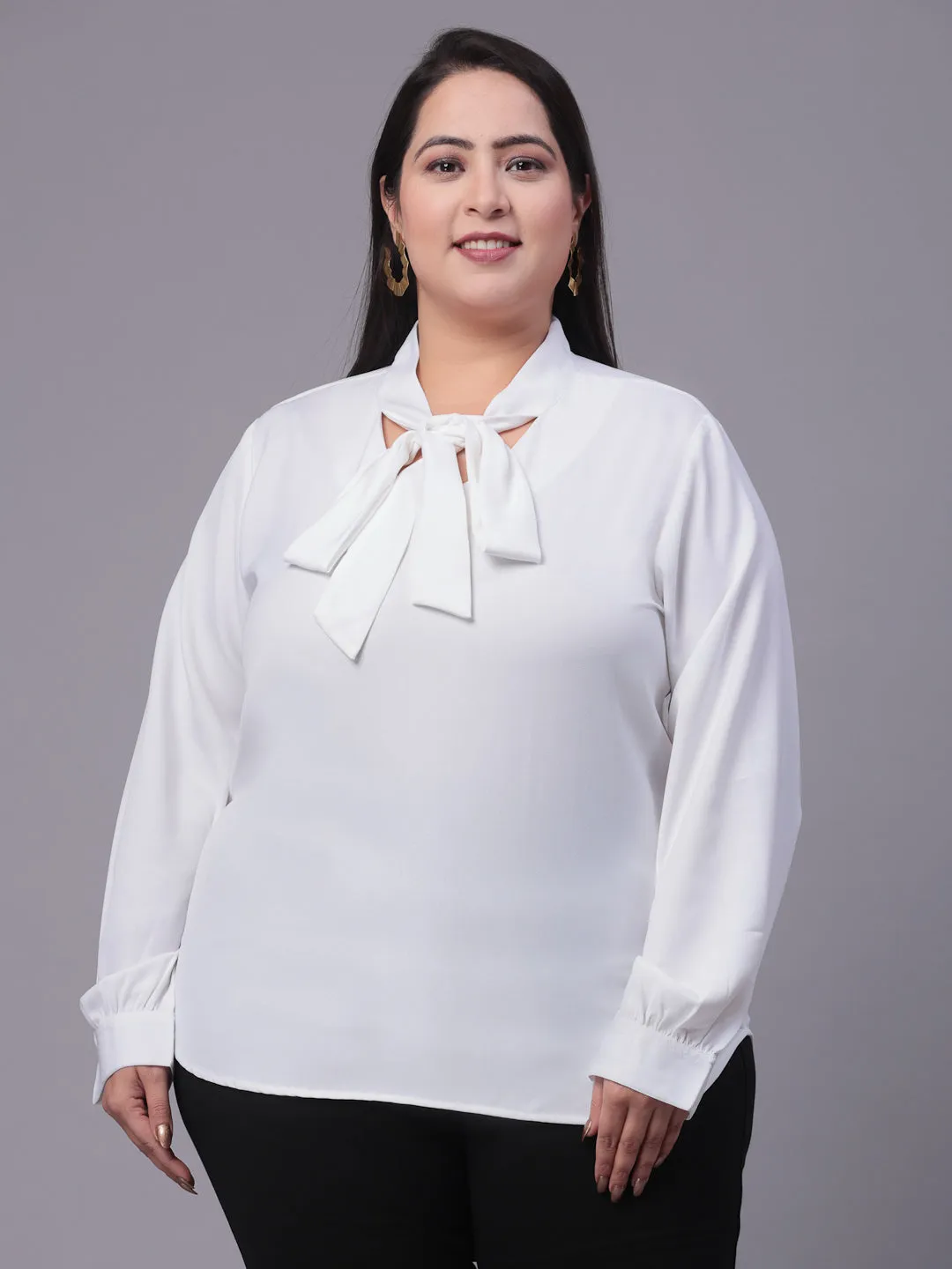 Style Quotient Women White Tie-Up Neck Full Sleeves Smart Plus Size Top