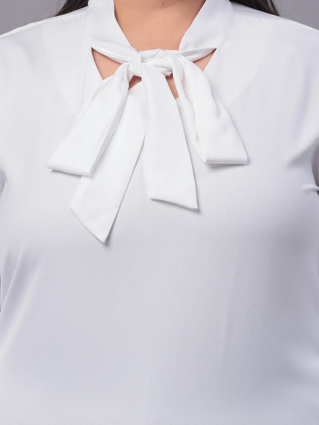 Style Quotient Women White Tie-Up Neck Full Sleeves Smart Plus Size Top