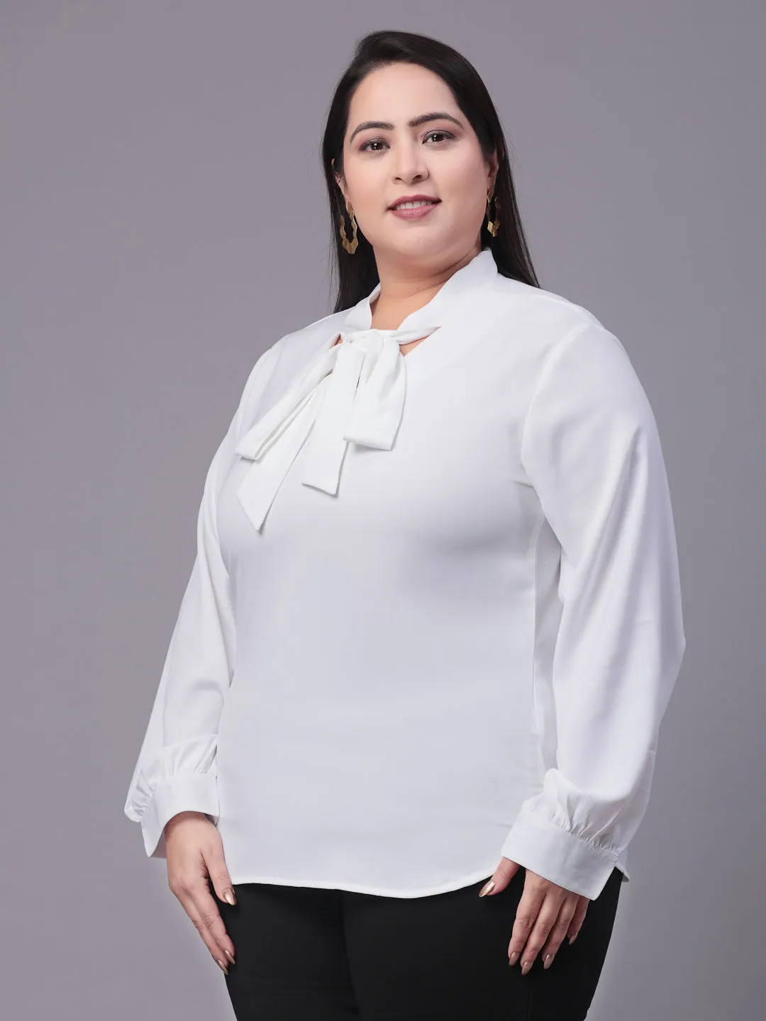 Style Quotient Women White Tie-Up Neck Full Sleeves Smart Plus Size Top
