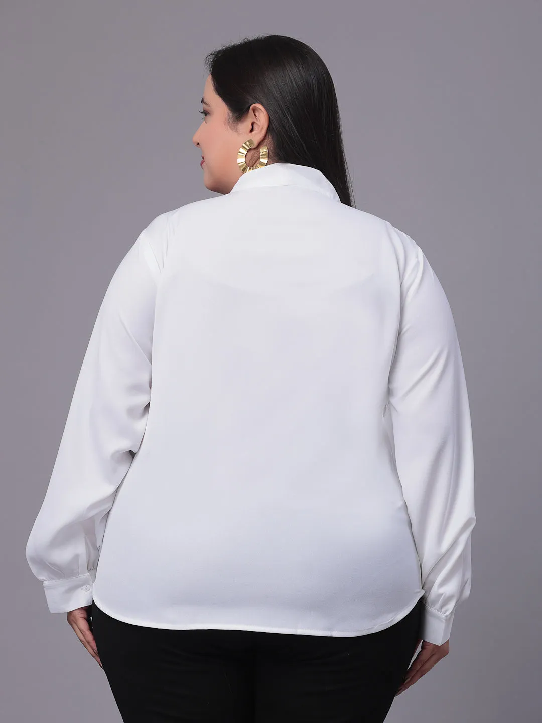 Style Quotient Women White Tie-Up Neck Full Sleeves Smart Plus Size Top