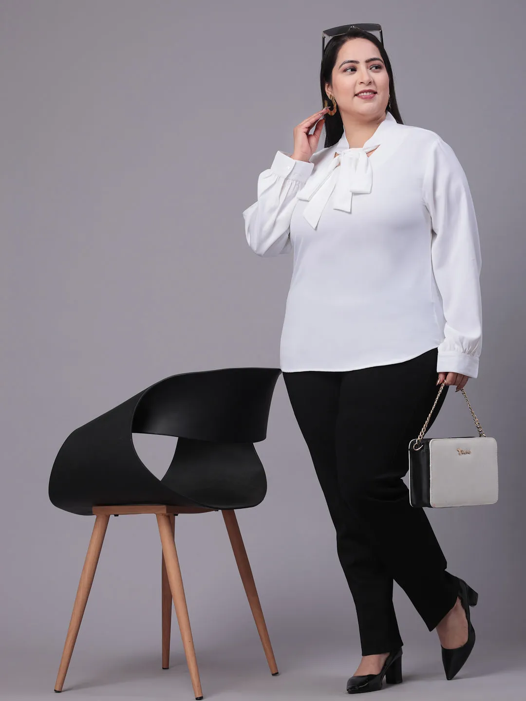 Style Quotient Women White Tie-Up Neck Full Sleeves Smart Plus Size Top