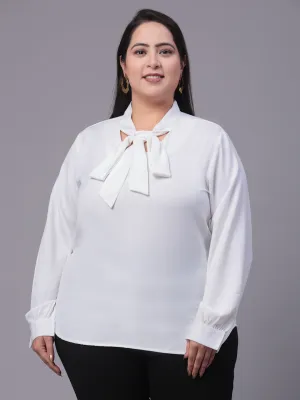 Style Quotient Women White Tie-Up Neck Full Sleeves Smart Plus Size Top