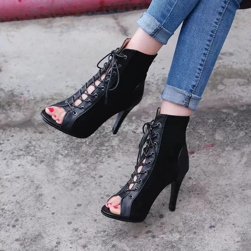 Suede Peep Toe Stiletto High Heel Lace-Up Booties