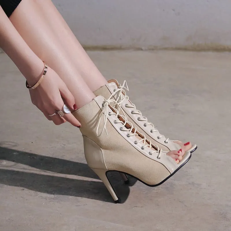 Suede Peep Toe Stiletto High Heel Lace-Up Booties