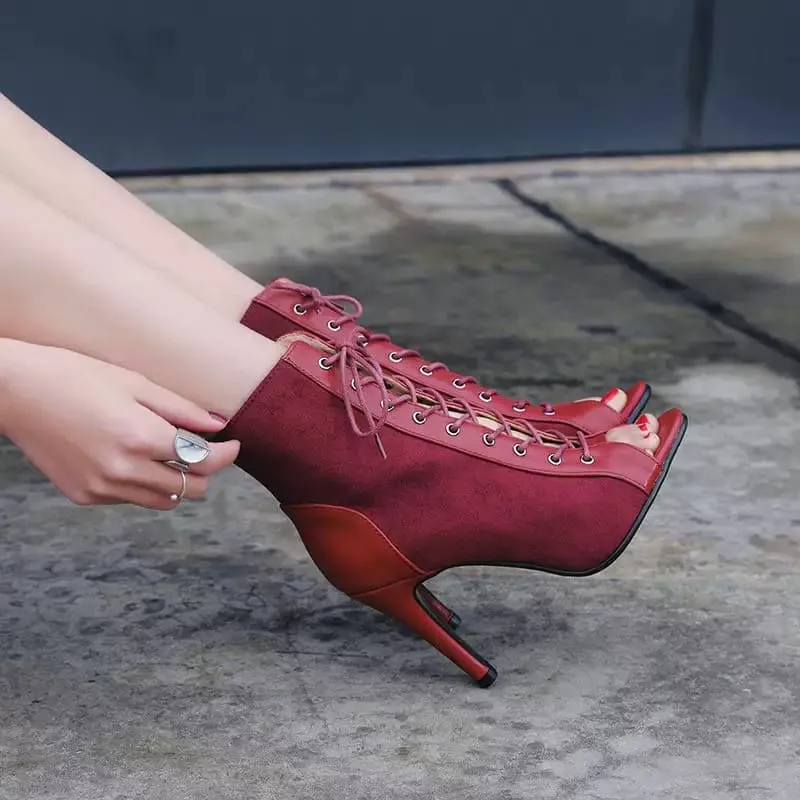 Suede Peep Toe Stiletto High Heel Lace-Up Booties