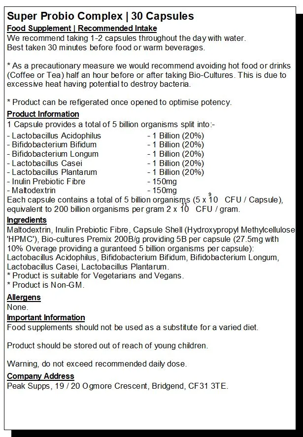 Super Probiotic Bio-Cultures Complex Capsules - 5 Strains