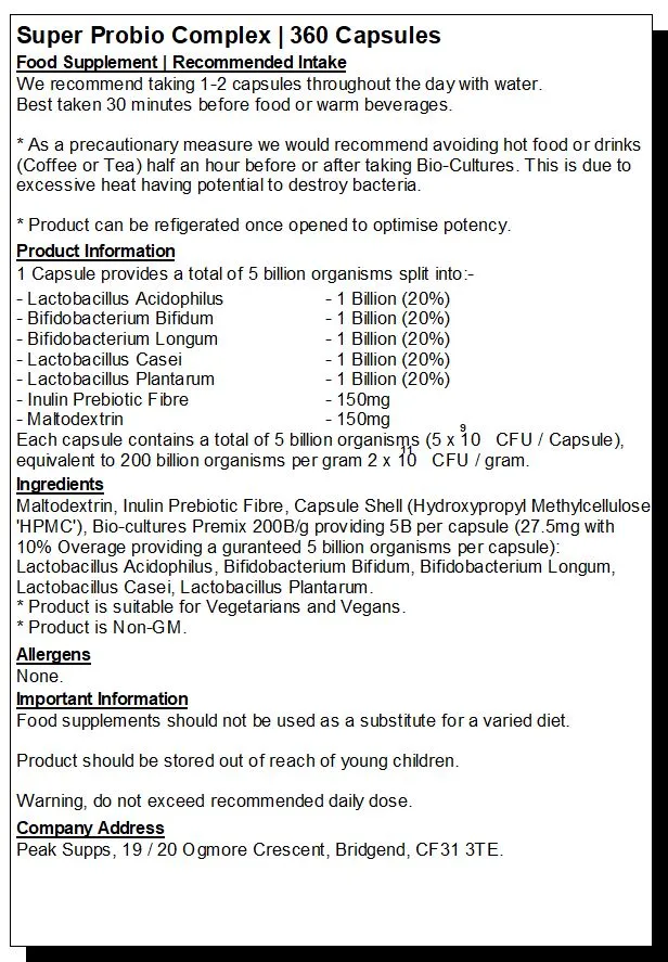 Super Probiotic Bio-Cultures Complex Capsules - 5 Strains
