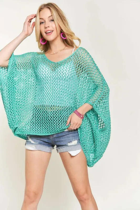 Teal Fishnet Poncho Cover Up
