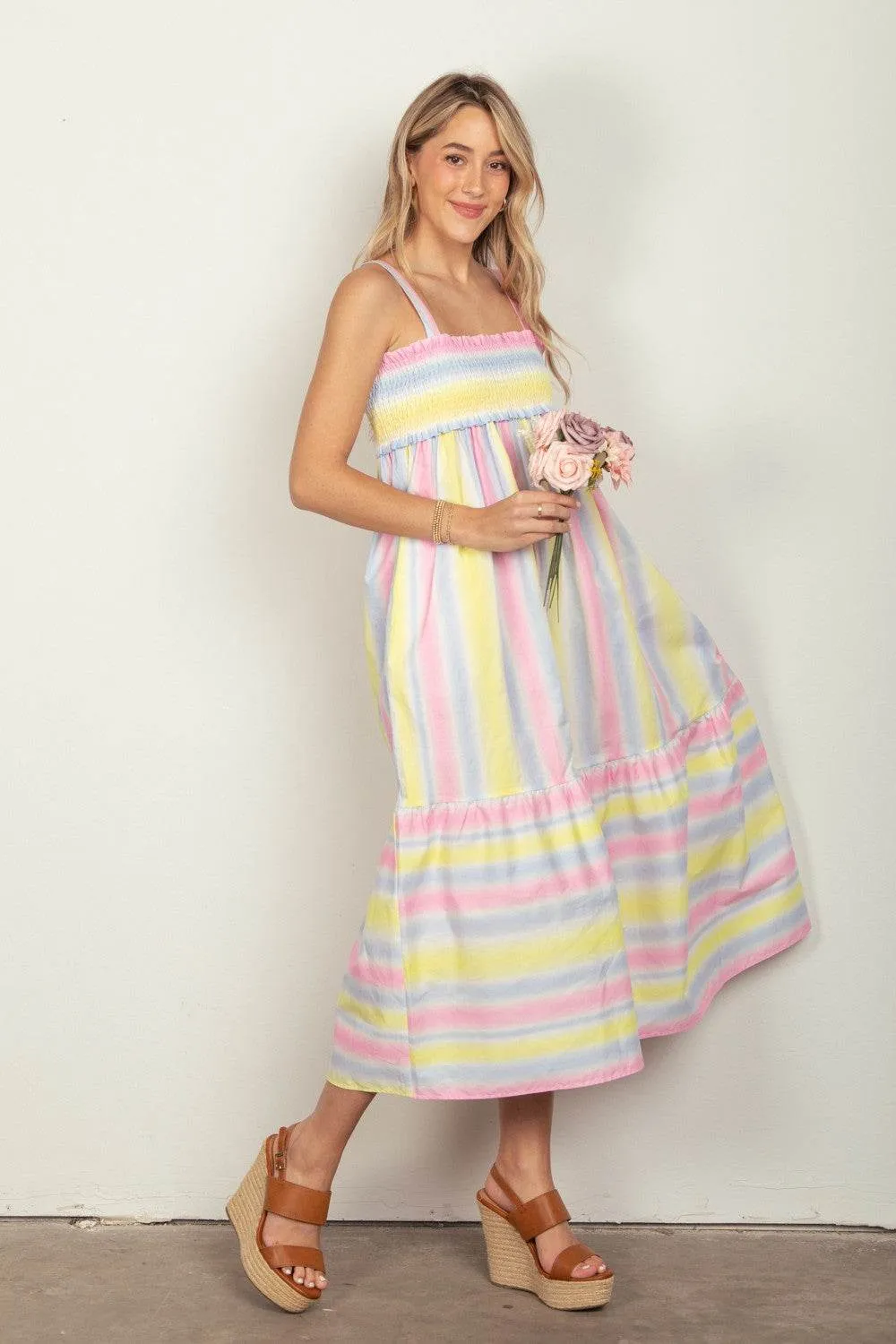 VERY J Striped Woven Smocked Women Midi Cami Dress