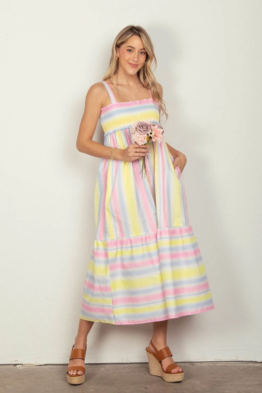 VERY J Striped Woven Smocked Women Midi Cami Dress