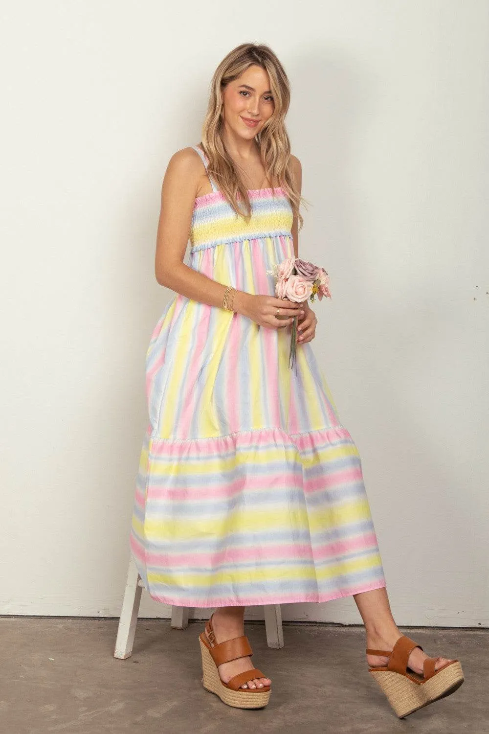 VERY J Striped Woven Smocked Women Midi Cami Dress