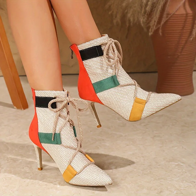 VougeVamp Colorblock Ankle Booties – Pointed Toe Stiletto Heel with Lace-Up Detail