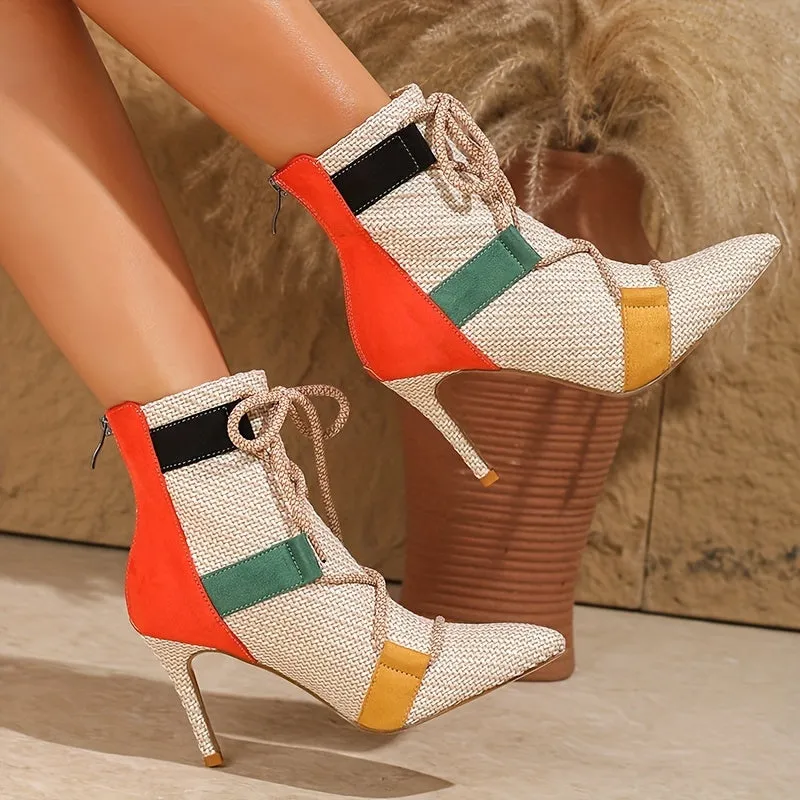 VougeVamp Colorblock Ankle Booties – Pointed Toe Stiletto Heel with Lace-Up Detail