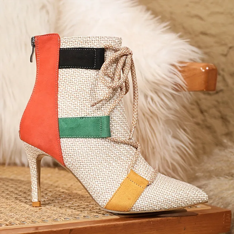 VougeVamp Colorblock Ankle Booties – Pointed Toe Stiletto Heel with Lace-Up Detail