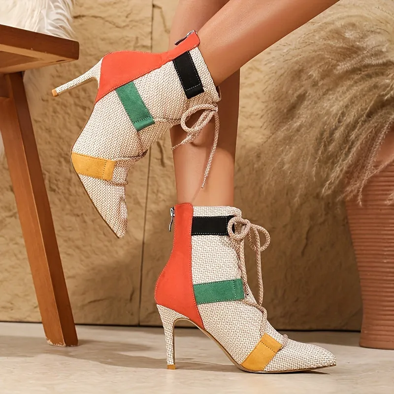 VougeVamp Colorblock Ankle Booties – Pointed Toe Stiletto Heel with Lace-Up Detail
