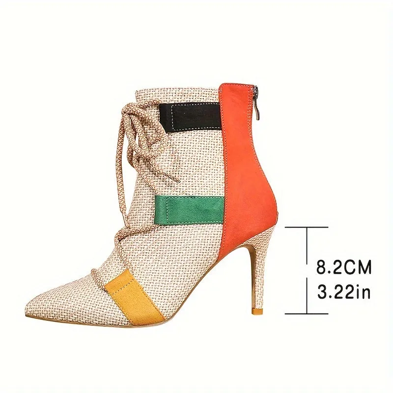 VougeVamp Colorblock Ankle Booties – Pointed Toe Stiletto Heel with Lace-Up Detail