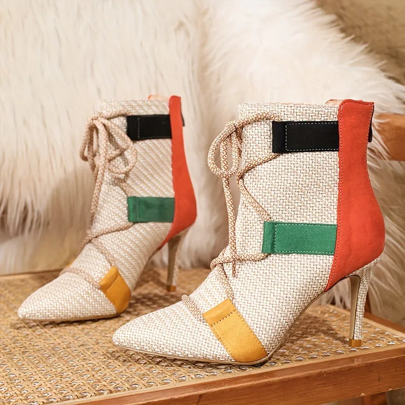 VougeVamp Colorblock Ankle Booties – Pointed Toe Stiletto Heel with Lace-Up Detail