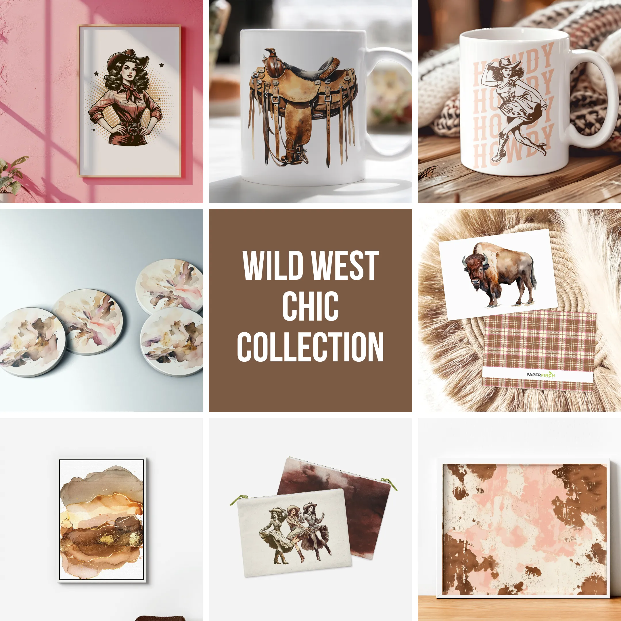 Wild West Chic Stone Coaster Set with Cork Backing – Retro Cowgirl Design (Set of 2 or 4) | Wild West Chic Collection
