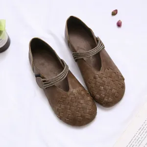 Women Casual Retro Woven Round Toe Flat Sole Velcro Sandals