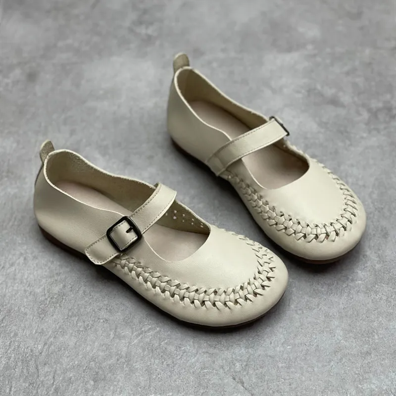 Women Casual Woven Breathable Soft Round Toe Flat Leather Sandals