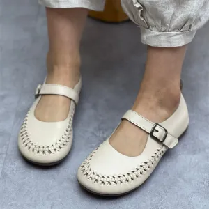 Women Casual Woven Breathable Soft Round Toe Flat Leather Sandals