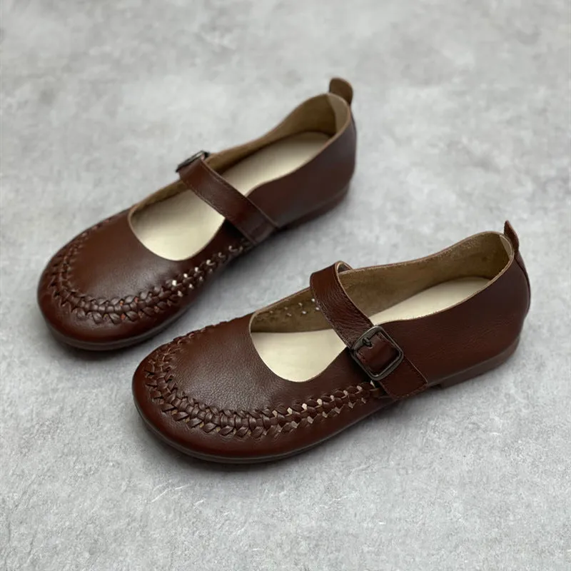 Women Casual Woven Breathable Soft Round Toe Flat Leather Sandals