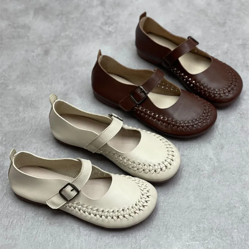 Women Casual Woven Breathable Soft Round Toe Flat Leather Sandals