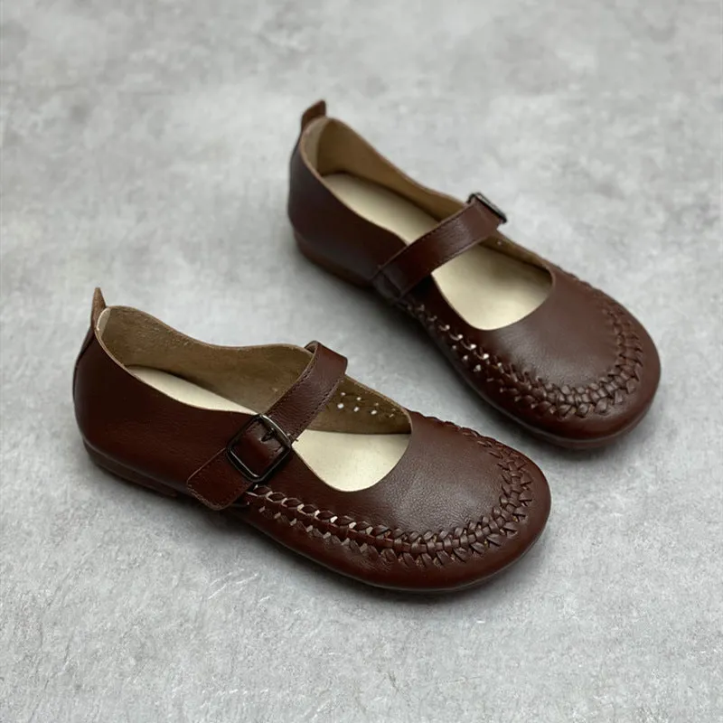 Women Casual Woven Breathable Soft Round Toe Flat Leather Sandals