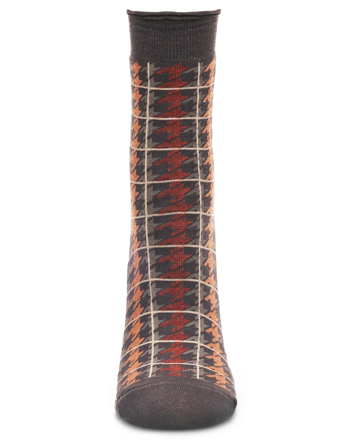 Women's Houndstooth Plaid Roll Cuff Crew Socks