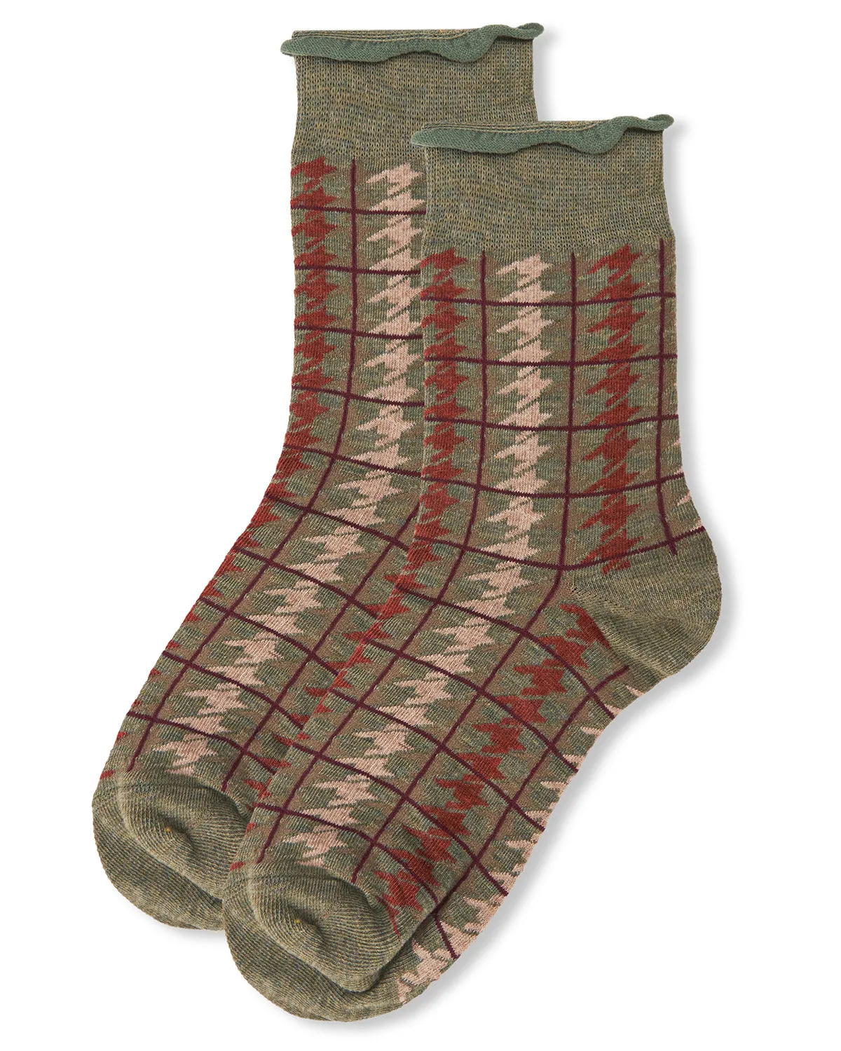 Women's Houndstooth Plaid Roll Cuff Crew Socks