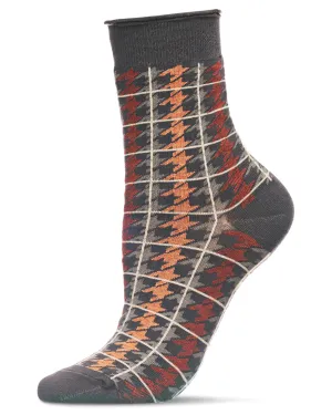 Women's Houndstooth Plaid Roll Cuff Crew Socks
