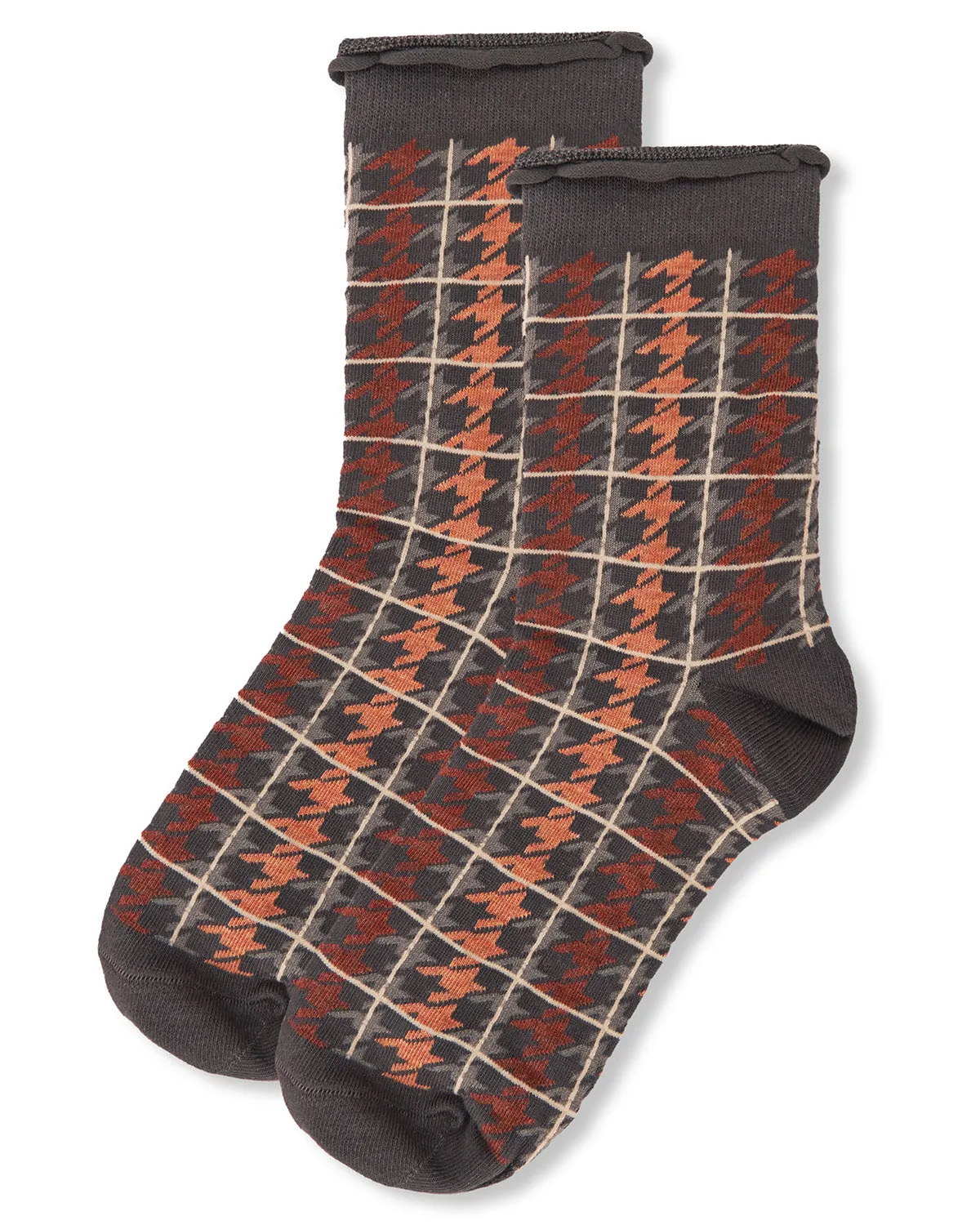 Women's Houndstooth Plaid Roll Cuff Crew Socks