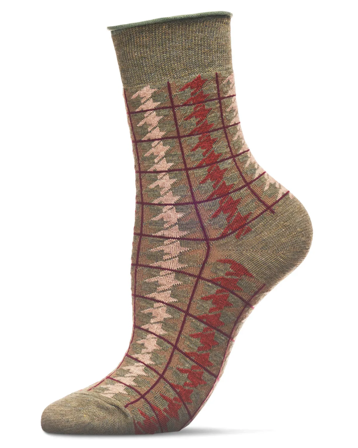 Women's Houndstooth Plaid Roll Cuff Crew Socks