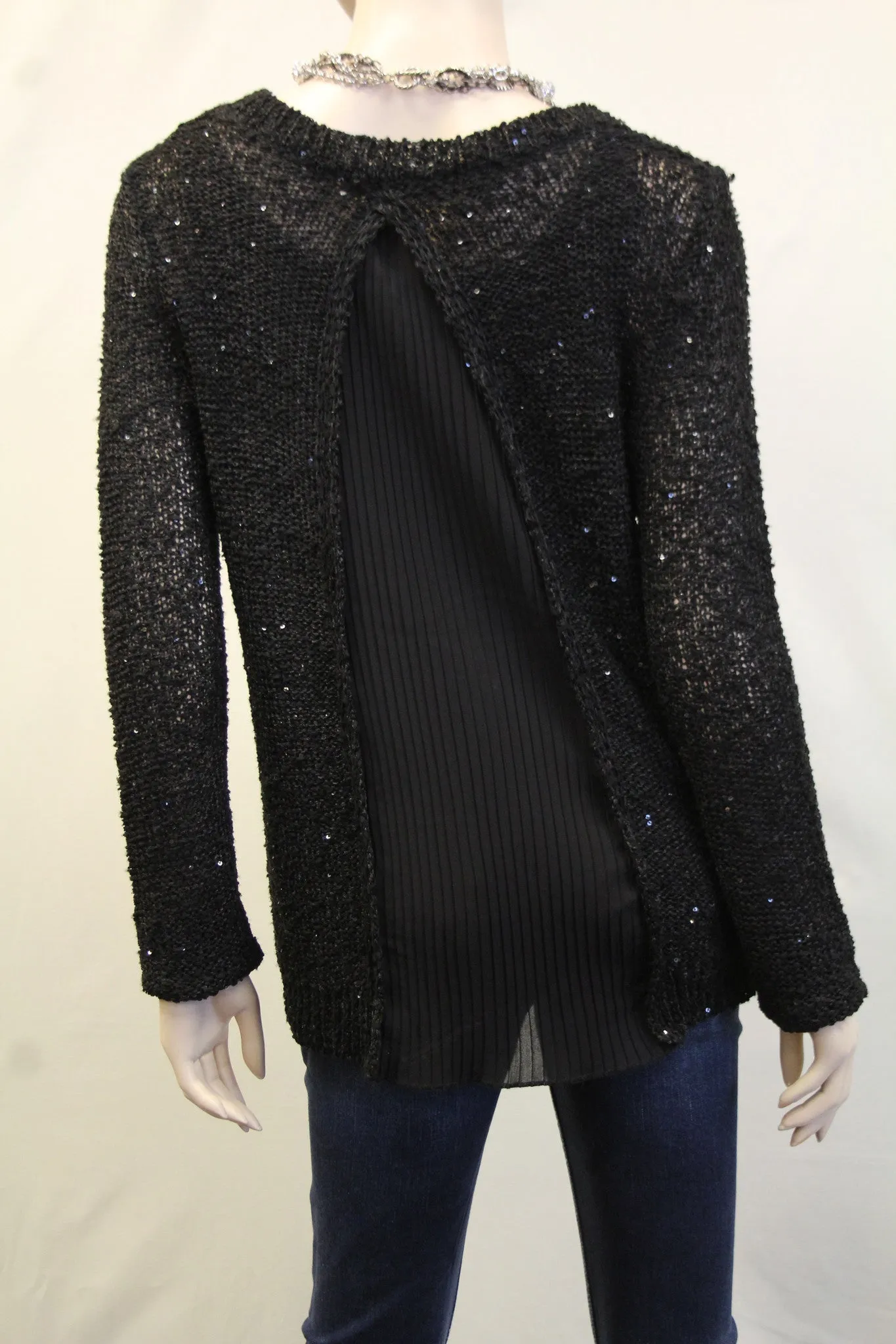 Yahada | Sequin Knit Sweater with Pleated Back Black